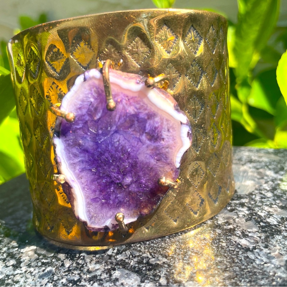 Gold Cuff Bracelet with Purple Agate Druzy